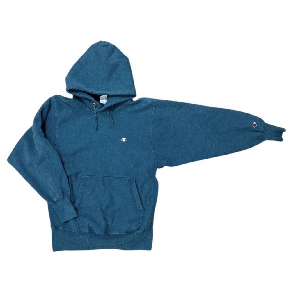 Vintage 90s Champion Reverse Weave Hoodie Blank Blue Teal Made USA Pullover Sz L